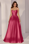 Front view of Morilee 49213 in berry showing draped scoop neckline, spaghetti straps, and A-line skirt with pockets.