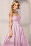 Three-quarter view of pink option with beaded sweetheart bodice and glitter skirt.