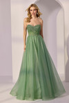 Front view of Morilee 49217 in sage with strapless beaded bodice, glitter tulle A-line skirt, and pockets.