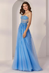 Front view of Morilee 49222 in French blue with strapless sweetheart corset bodice and glitter tulle A-line skirt.