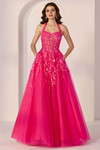 Front view of Morilee 49223 in fuchsia with detachable halter, cat-eye corset bodice, and tulle A-line skirt.