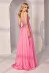 Back view of Morilee 49250 in fuchsia showing lace-up corset back and sweeping chiffon train.