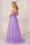 Back view of Morilee 49271 lavender glitter tulle prom dress showing corset back with boning and off-the-shoulder chandelier strap detail