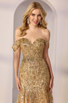 Close-up of golden sequin and bead embroidery on sweetheart bodice with off-the-shoulder sleeves.