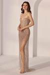 Front view of Morilee 49308 in Silver/Light Pink, sheer crystal-beaded sheath with thigh-high slit.