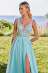 Mint close-up emphasizing delicate appliqués and plunging neckline.