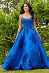Front view of Morilee 49320 royal blue ball gown in Larissa satin with scoop neckline, delicate beaded lace detail, and full sweeping skirt with pockets