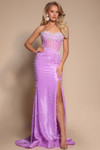 Lilac PS26002 strapless corset gown with pearl beading and thigh-high slit, front view.