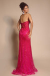 Fuchsia PS26004 strapless beaded gown with mid-open zippered back and horsehair hem, back view.