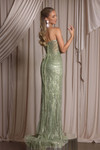 Green PS26012 beaded fitted gown with mid-open zippered back and sweep train, back view.