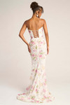 White PS26021 floral beaded gown with lace-up back and train, studio back view.