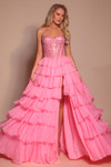 Pink Portia and Scarlett PS26037 crystal embellished ball gown with strapless sweetheart bodice and voluminous tiered ruffled tulle skirt with thigh-high slit