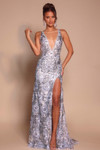 Silver PS26043 beaded lace-trim gown with plunging neckline and shimmering beadwork, front view.