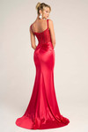 Red PS26046 beaded corset gown with draped satin skirt and sweep train, back view.