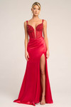 Red PS26046 fitted gown with plunging neckline, beaded corset bodice, ruched waist, and thigh-high slit, front view.