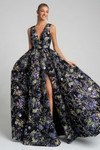 Black Portia and Scarlett PS26091 floral printed A-line gown with deep V-neckline, structured shoulders, and voluminous skirt featuring colorful floral motifs