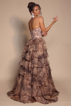 Back view of PS26098 showing zipper closure back and cascading high-low skirt with dramatic train and voluminous leopard print ruffles