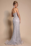 Back view of PS26156 silver grey gown displaying mid-open back with zipper closure and sleek fitted silhouette with train