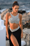 Close-up of PS26168 crop top showing silver beaded halter neckline and matching waistband detail.