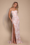 Model wearing Portia and Scarlett PS26175 pink lace appliqué gown with corset bodice and high slit.