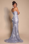 Back view of PS26221 silver sequin gown showing zipper closure and sweeping train.