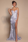 Model wearing Portia and Scarlett PS26221 silver fitted gown with plunging neckline and thigh-high slit.