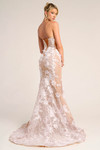 Back view of PS26248 lace fit-and-flare dress with lace-up back and sweep train.