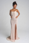 Model in champagne PS26277 showcasing slit and shimmering beaded details.