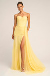 Portia and Scarlett PS26307E yellow tulle evening gown featuring strapless sweetheart neckline, ruched bodice, and soft layered tulle skirt with high slit