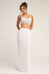 Front view of Portia & Scarlett PS26453C two-piece couture gown featuring a pearl-embellished cropped bodice and fitted white sequin skirt.