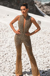 Portia and Scarlett PS26466C gold beaded jumpsuit with flared legs