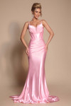 Front view of Portia & Scarlett XO042 in pink, displaying the sweetheart neckline, pleated bodice, and smooth fit-and-flare silhouette with train.