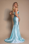 Portia and Scarlett XO066 light blue fitted gown back view showing side cut-outs and train