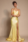 Portia and Scarlett XO066 yellow strapless satin prom gown with pleated crossover corset bodice