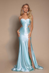 Portia and Scarlett XO066 light blue strapless satin gown with corset bodice and thigh slit