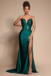 Portia and Scarlett XO067 emerald beaded sweetheart satin prom gown with thigh-high slit.