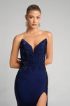 Close-up of XO067 navy beaded sweetheart bodice by Portia and Scarlett.