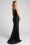 Back view of XO067 black strapless beaded prom gown with sweep train.