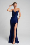 XO067 navy strapless sweetheart prom dress with beaded bodice and fitted satin skirt.
