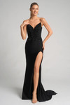 XO067 black fitted satin prom dress with deep sweetheart neckline and beaded bodice.