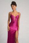 Portia and Scarlett XO070 fuchsia beaded satin jersey gown featuring sweetheart neckline and front cut-out