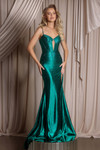Portia and Scarlett XO070 emerald fitted prom gown with spaghetti straps and lace-up back