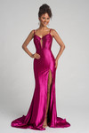 Portia and Scarlett XO070 fuchsia fitted gown with vertical beaded embellishments and thigh slit