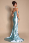 Back view of XO071 in light blue showing the sleek satin train and strapless design.