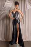 Portia and Scarlett XO076 black strapless prom gown featuring elongating beaded pattern and thigh slit
