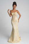 Portia and Scarlett XO082 yellow strapless lace embroidery gown with corset bodice and flare hem