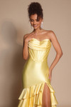 Close-up of XO085 yellow showing pleated satin bodice detail.