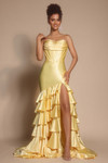 Front view of XO085 in yellow with sweetheart neckline and thigh-high slit.