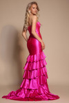 Back view of XO085 in fuchsia showing fitted silhouette and ruffled train.