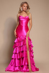 Front view of XO085 in fuchsia with structured pleated bodice and tiered ruffle skirt.
